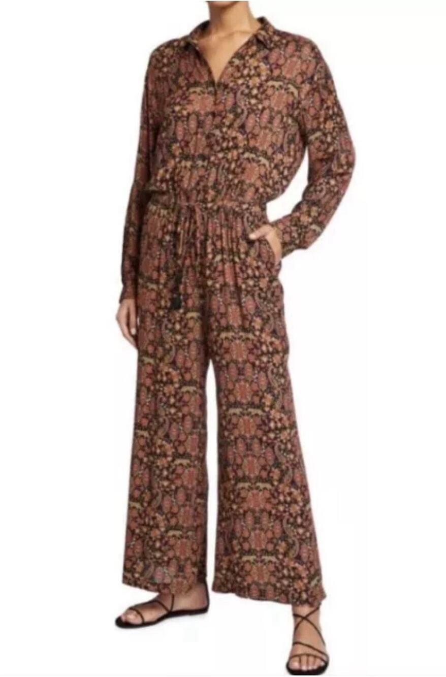 Johnny Was Workshop Floral Jumpsuit M Boho Wide Leg Long Sleeve animal print